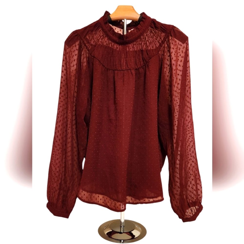LOFT Clip Dot Smock Yoke Ruffle Neck Top - Large